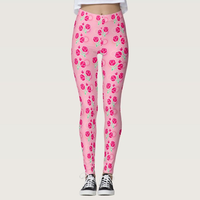 Girly Pink Lotus Flower Floral Pattern Leggings (Front)