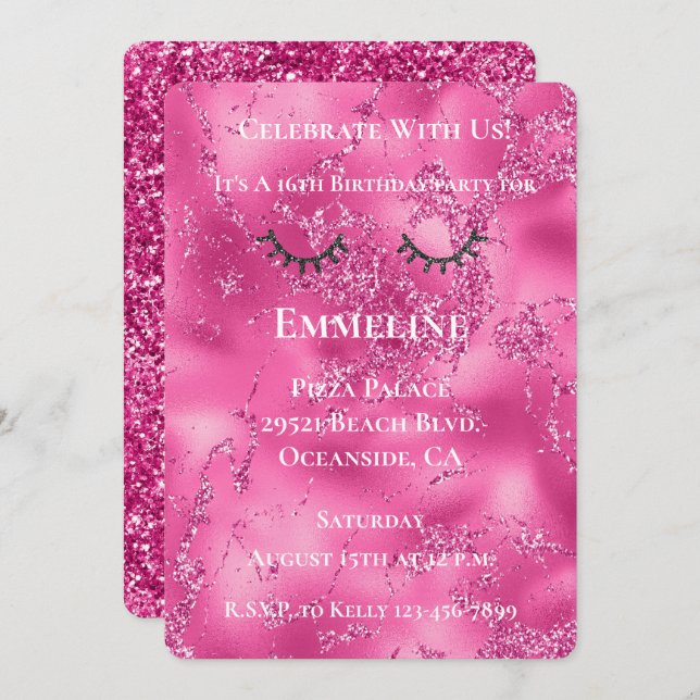 Girly Pink Marble Glitzy Black Glitter Eyelashes  Invitation (Front/Back)