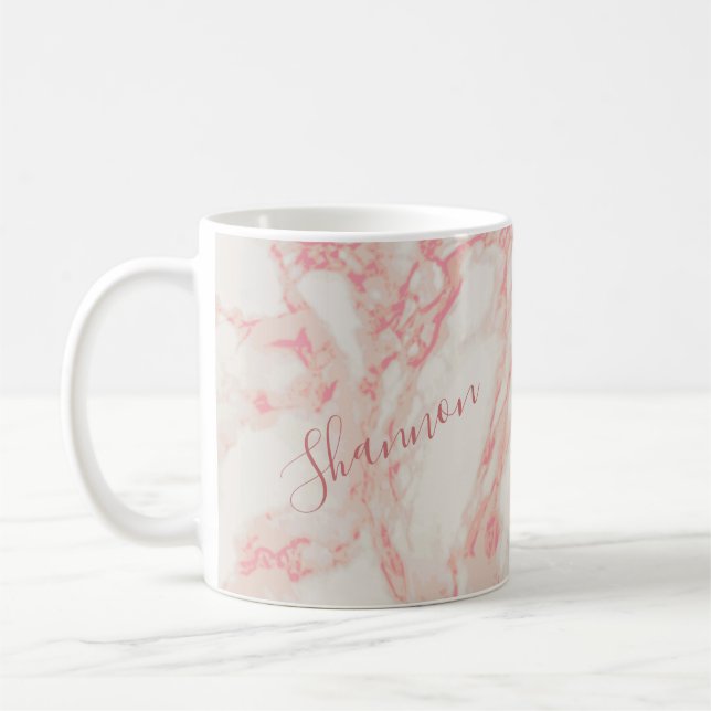 Girly Pink Marbled Beautiful Marble Custom Name Coffee Mug (Left)