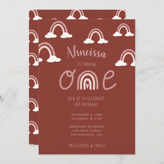 Girly Pink Maroon Rainbow Clouds First Birthday Invitation (Front/Back)