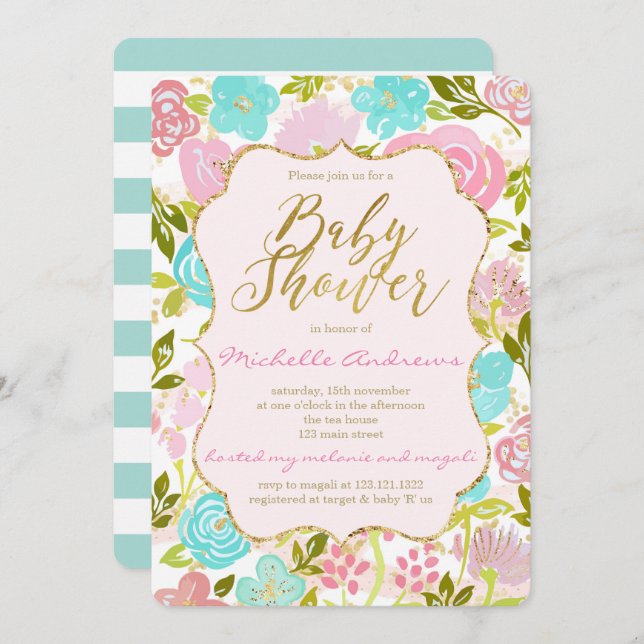 Girly Pink Mint Gold Baby Shower Invitation (Front/Back)