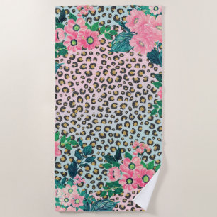 Girly Pink Mint Ombre Floral Glitter Leopard Print Beach Towel