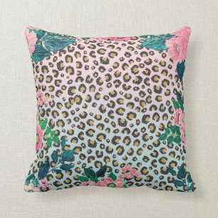 Girly Pink Mint Ombre Floral Glitter Leopard Print Cushion