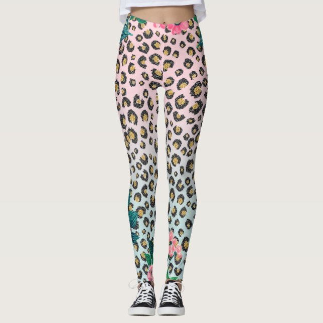 Girly Pink Mint Ombre Floral Glitter Leopard Print Leggings (Front)