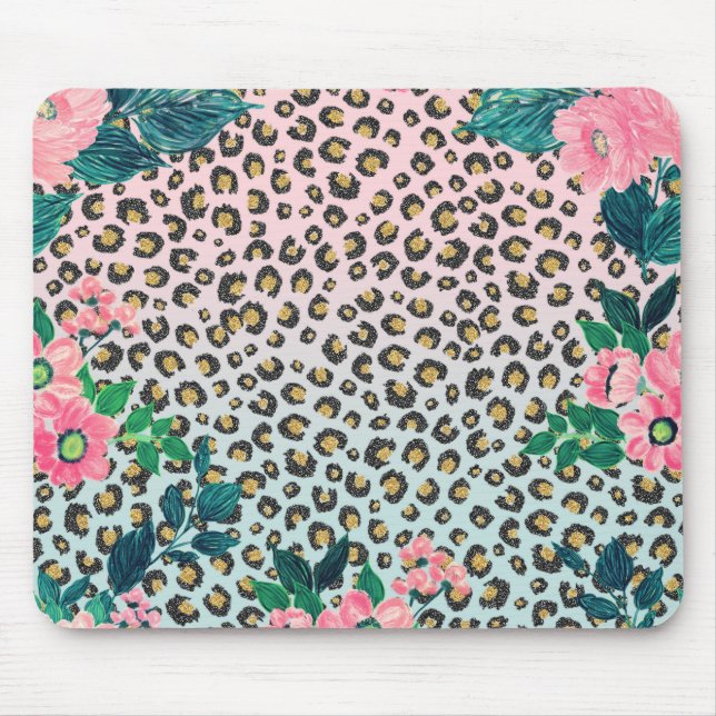 Girly Pink Mint Ombre Floral Glitter Leopard Print Mouse Pad (Front)