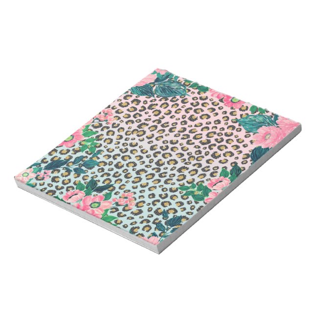 Girly Pink Mint Ombre Floral Glitter Leopard Print Notepad (Rotated)