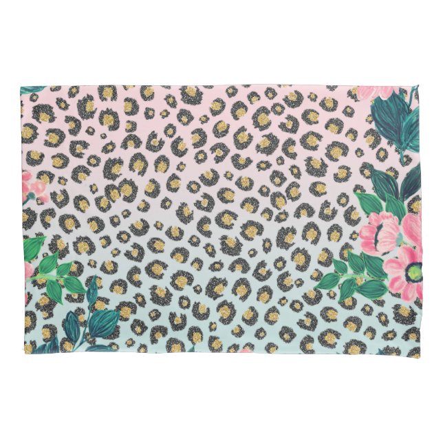 Girly Pink Mint Ombre Floral Glitter Leopard Print Pillowcase (Front-Left)