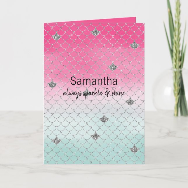 Girly Pink Mint Silver Glitter Mermaid Card (Front)