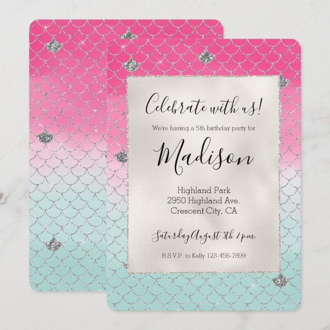 Girly Pink Mint Silver Glitter Mermaid Invitation (Front/Back)