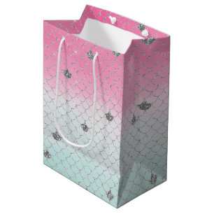 Girly Pink Mint Silver Glitter Mermaid Medium Gift Bag