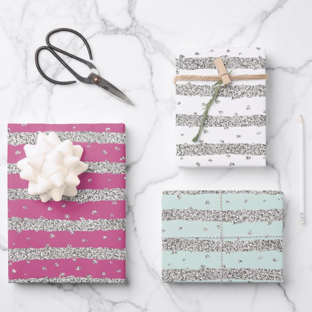 Girly Pink Mint Silver Sparkly Confetti Stripes Wrapping Paper Sheet (Front)