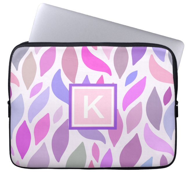 Girly Pink Modern Botanical Pattern Monogram Laptop Sleeve (Front)