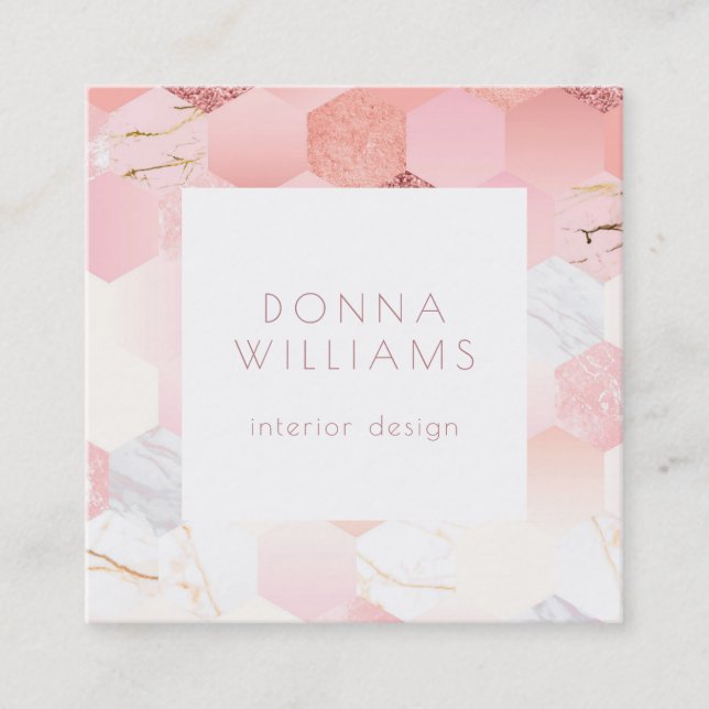 Girly pink modern geometric marble pattern square business card (Front)