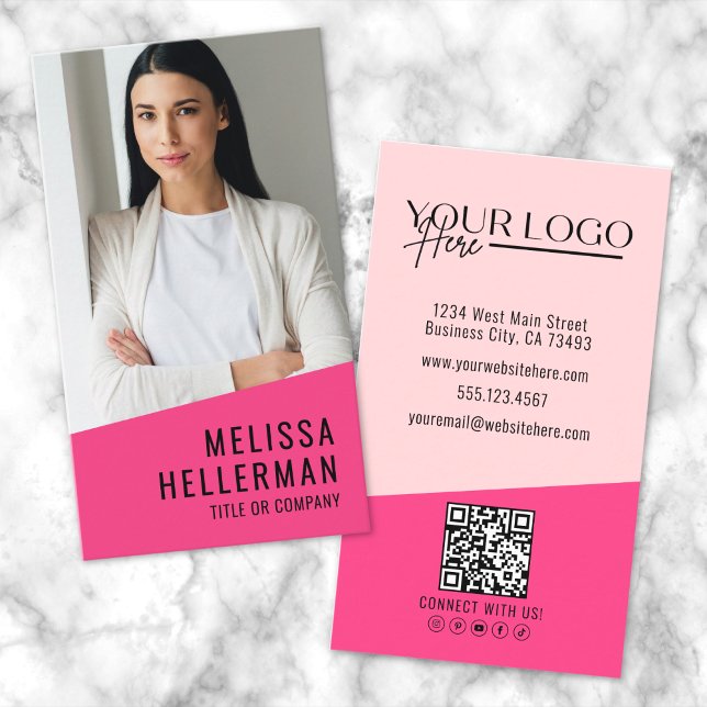 Girly Pink Modern Minimalist Logo QR Code Business Card (Girly Pink Modern Minimalist Logo QR Code Business Card)
