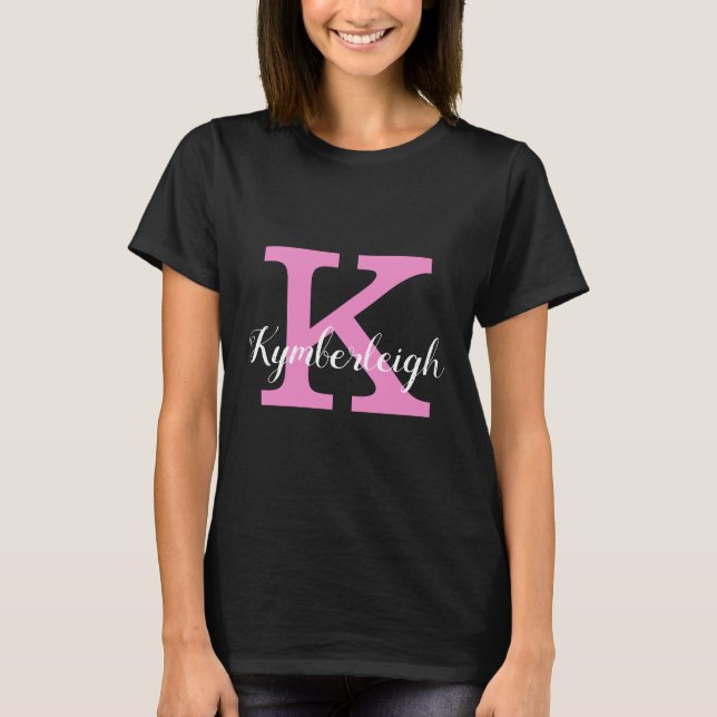 Girly Pink Monogram and White Script Name Dark T-Shirt (Front)