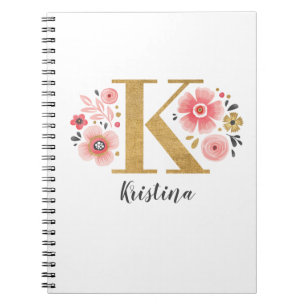 Girly Pink Monogram Floral Letter K Notebook