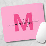 Girly Pink Monogram Script Name Mouse Pad<br><div class="desc">Personalised Girly Pink Script Initial Monogram Mouse Pad. Add a pop of fun and feminine charm to your workspace with this chic mouse pad. Featuring a bright, happy pink background with a bold magenta hot pink initial and a sleek black script name, this design is perfect for any girly girl....</div>