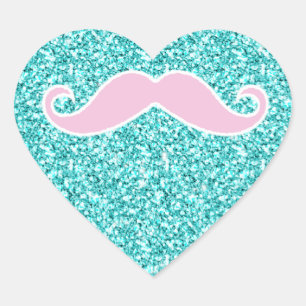 GIRLY PINK MUSTACHE ONTEAL GLITTER EFFECT HEART STICKER