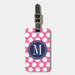 Girly Pink & Navy Big Polka Dots Monogrammed Luggage Tag