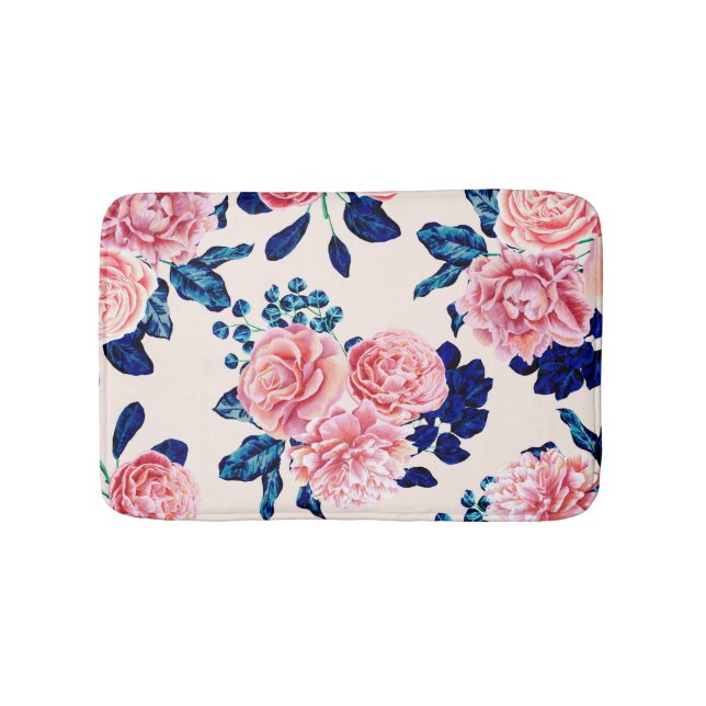 Girly Pink Navy Blue Country Painted Flowers Bath Mat (Front)