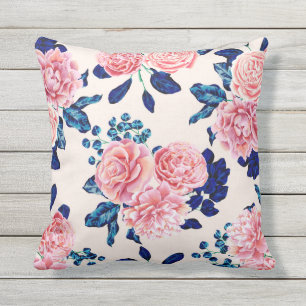 Girly Pink Navy Blue Country Painted Flowers Cushion