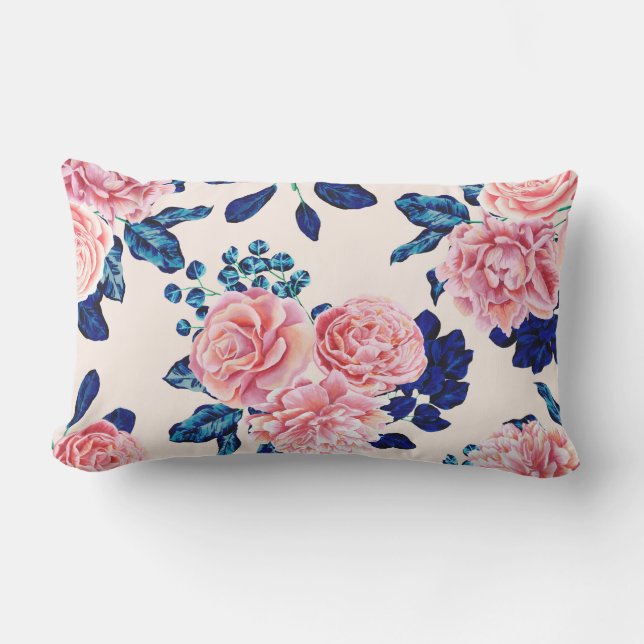 Girly Pink Navy Blue Country Painted Flowers Lumbar Cushion (Front)
