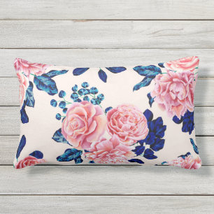 Girly Pink Navy Blue Country Painted Flowers Lumbar Cushion