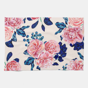Girly Pink Navy Blue Country Painted Flowers Tea Towel