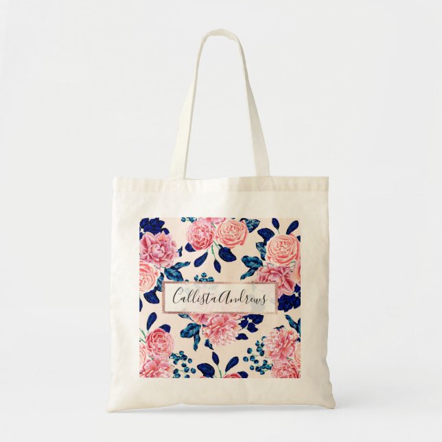 Girly Pink Navy Blue Country Painted Flowers Tote Bag (Front)