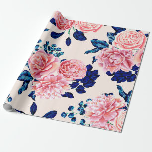 Girly Pink Navy Blue Country Painted Flowers Wrapping Paper