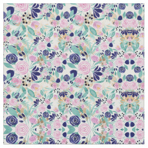 Girly Pink Navy Blue Gold Watercolor Flowers Fabric