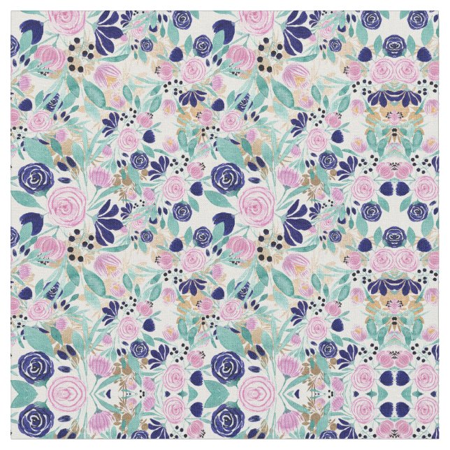 Girly Pink Navy Blue Gold Watercolor Flowers Fabric (Close Up)