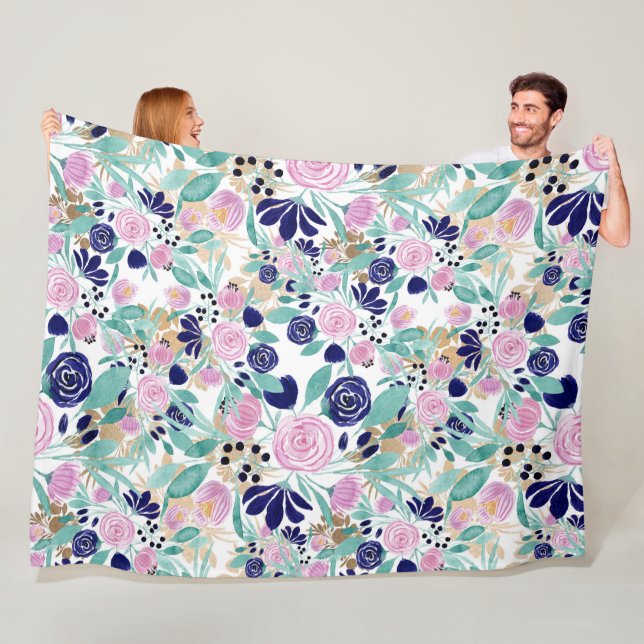 Girly Pink Navy Blue Gold Watercolor Flowers Fleece Blanket (In Situ)