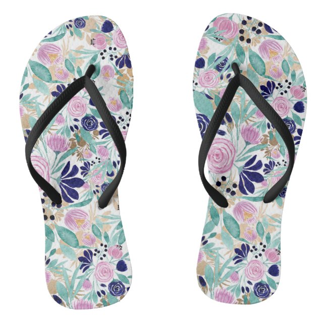 Girly Pink Navy Blue Gold Watercolor Flowers Thongs (Footbed)
