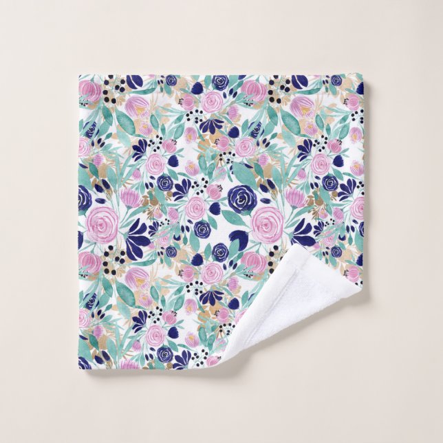 Girly Pink Navy Blue Gold Watercolor Flowers Wash Cloth (Wash Cloth)