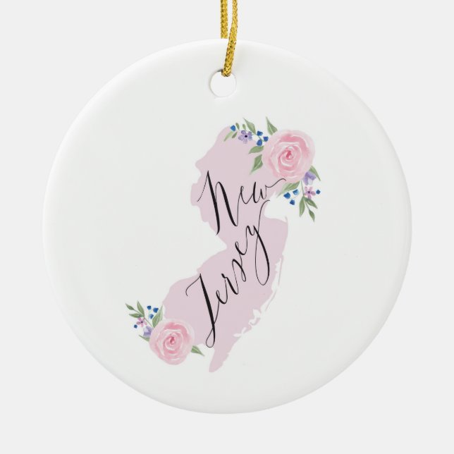Girly Pink  NJ Watercolor State Map  Ceramic Ornament (Front)