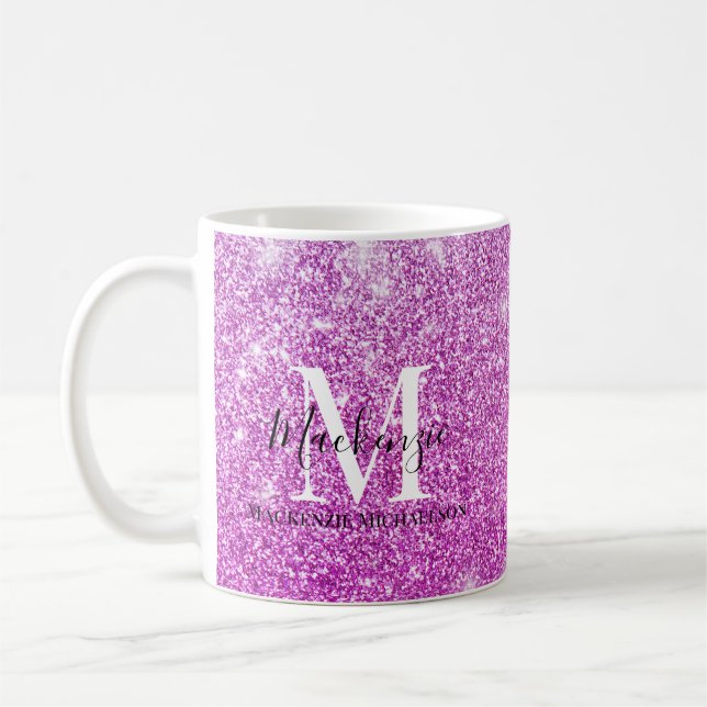 Girly Pink Ombre Glitter Monogram Name   Coffee Mug (Left)