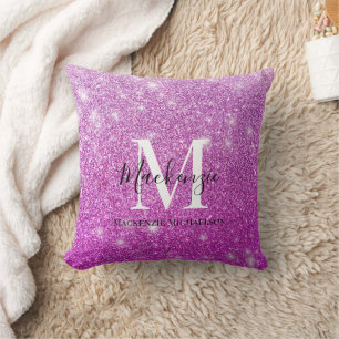 Girly Pink Ombre Glitter Monogram Name Cushion