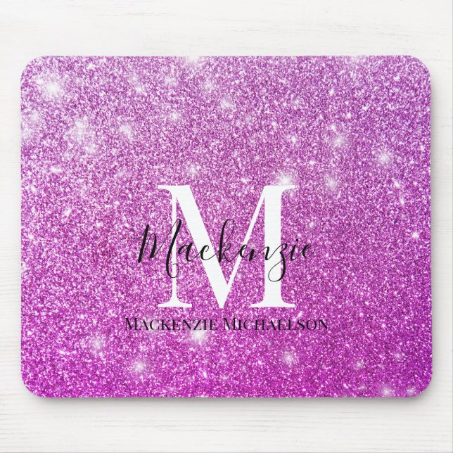 Girly Pink Ombre Glitter Monogram Name   Mouse Pad (Front)
