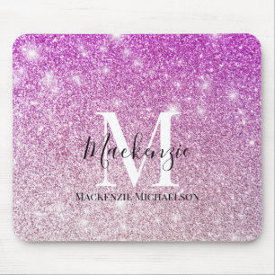 Girly Pink Ombre Glitter Monogram Name Mouse Pad