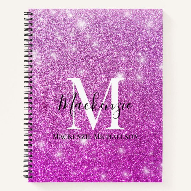 Girly Pink Ombre Glitter Monogram Name Notebook (Front)