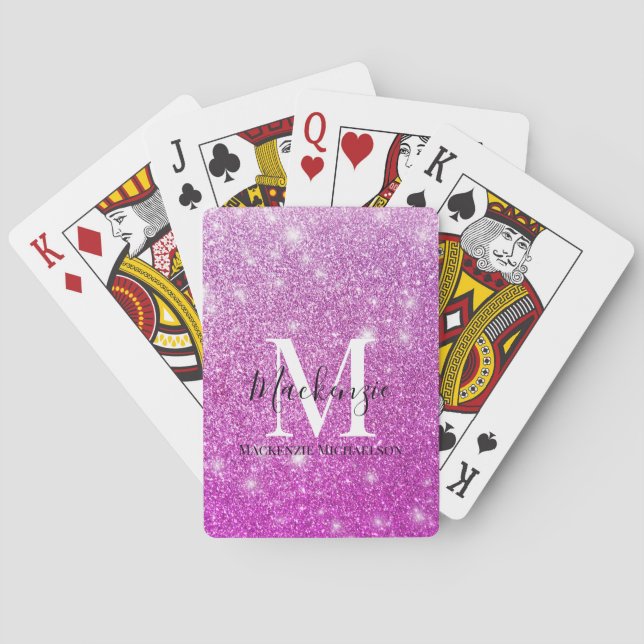 Girly Pink Ombre Glitter Monogram Name  Playing Cards (Back)