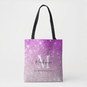 Girly Pink Ombre Glitter Monogram Name   Tote Bag
