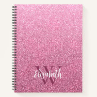Girly Pink Ombre Glitter Monogram Notebook