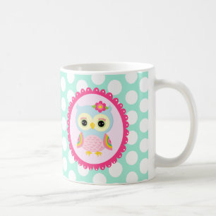 Girly Pink Owl Flower & Rainbow Aqua Polka Dots Coffee Mug