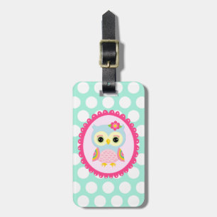 Girly Pink Owl Flower & Rainbow Aqua Polka Dots Luggage Tag