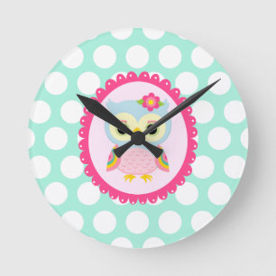 Girly Pink Owl Flower & Rainbow Aqua Polka Dots Round Clock
