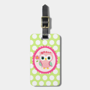 Girly Pink Owl Flower Spring Green Polka Dots Luggage Tag