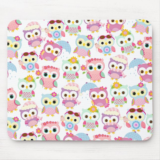 Girly Pink Owls Cute Pattern Mouse Pad (Front)