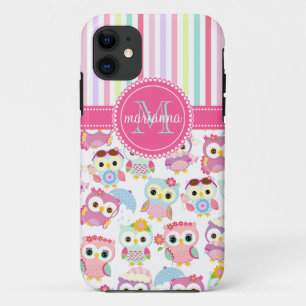 Girly Pink Owls Cute Pattern Personalised iPhone 11 Case